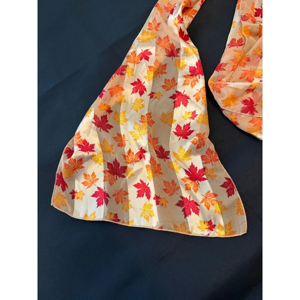 Autumn Maple Leaf Print Oblong Scarf Orange Red Yellow Silk Feel Fall Accessory